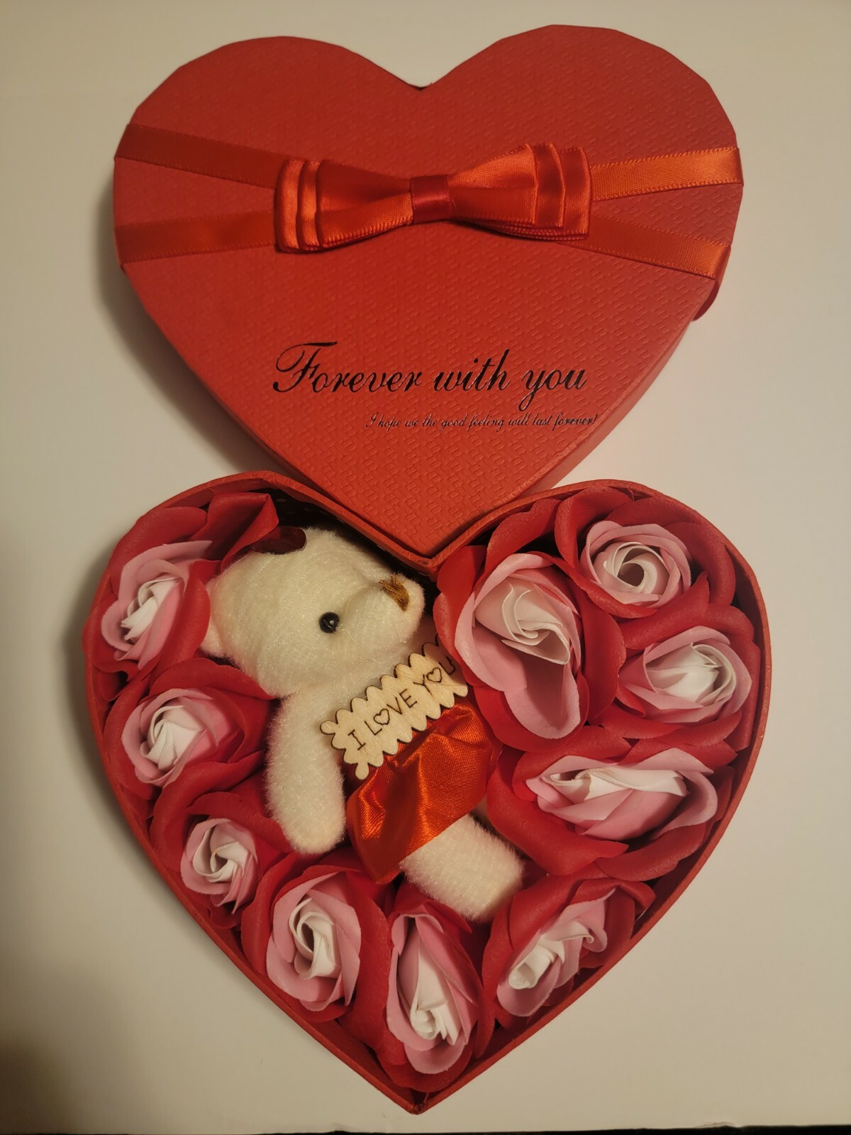 Red Pink White Girlfriend Wife Woman Rose Flower Gift Box w/ Bear Bouquet