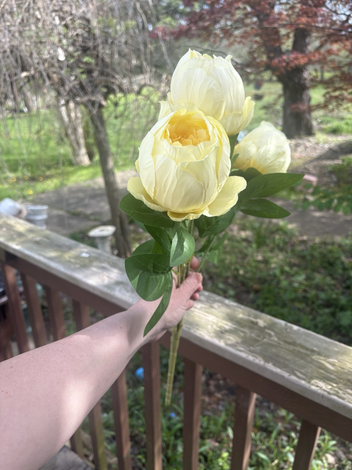 Artificial Yellow Peony Flowers Bouquet Spun Heads 5pc Fake Flowers 17”