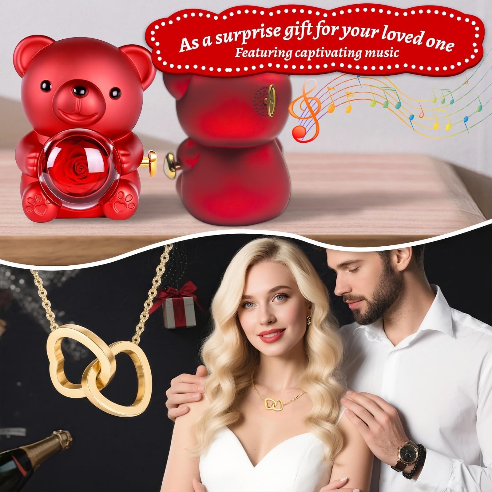 Cute Teddy Bear with Preserved Rose, Double-Heart Necklace, Musical – Serves …