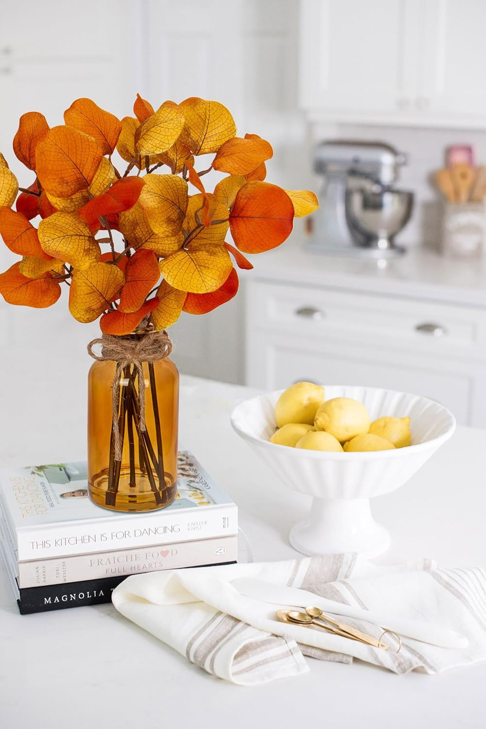 Artificial Eucalyptus Stems in Amber Glass Vase with Faux Water, 14″ Fake Fall P