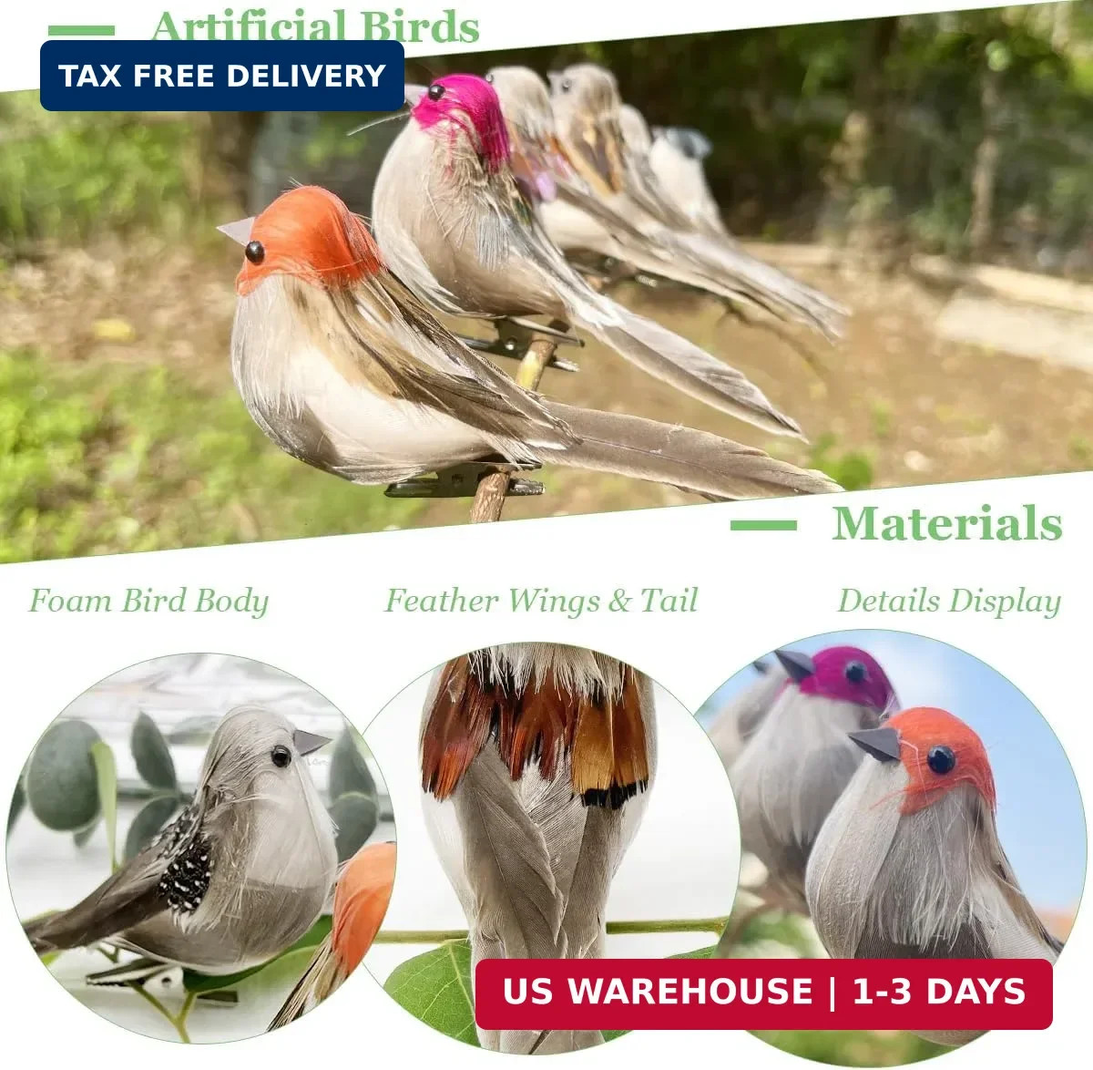 6pcs Artificial Birds Realistic 3.9-Inch Simulation Foam Feather Sparrow Bird Cl