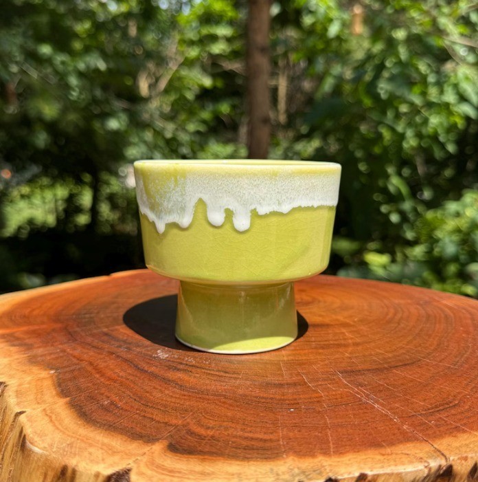 Vintage Ceramic Vase or Planter with White Drip Glaze over Lime Green