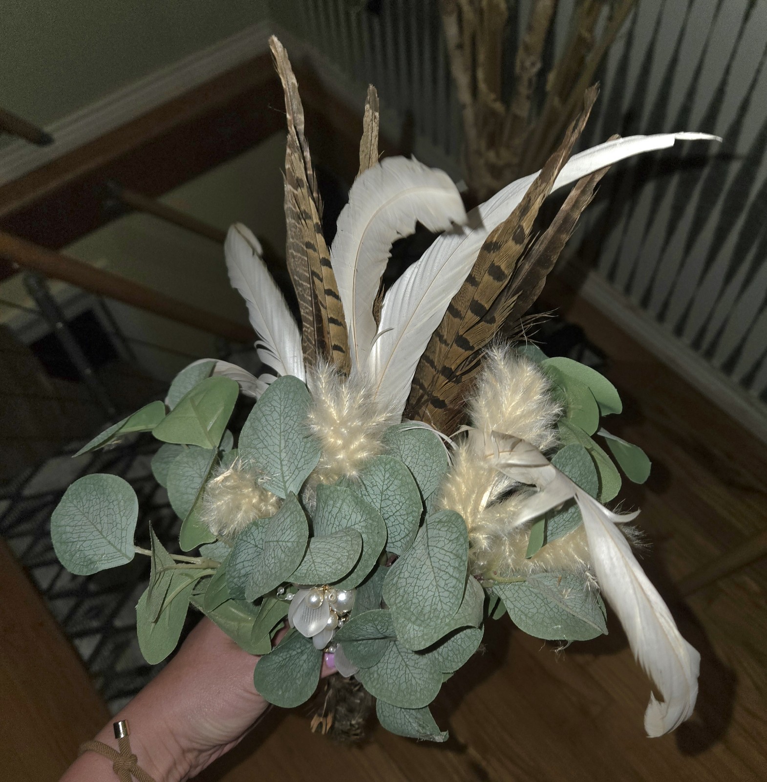 Boho Faux Eucalyptus & Feather Bouquet Rustic Pearl Floral Arrangement