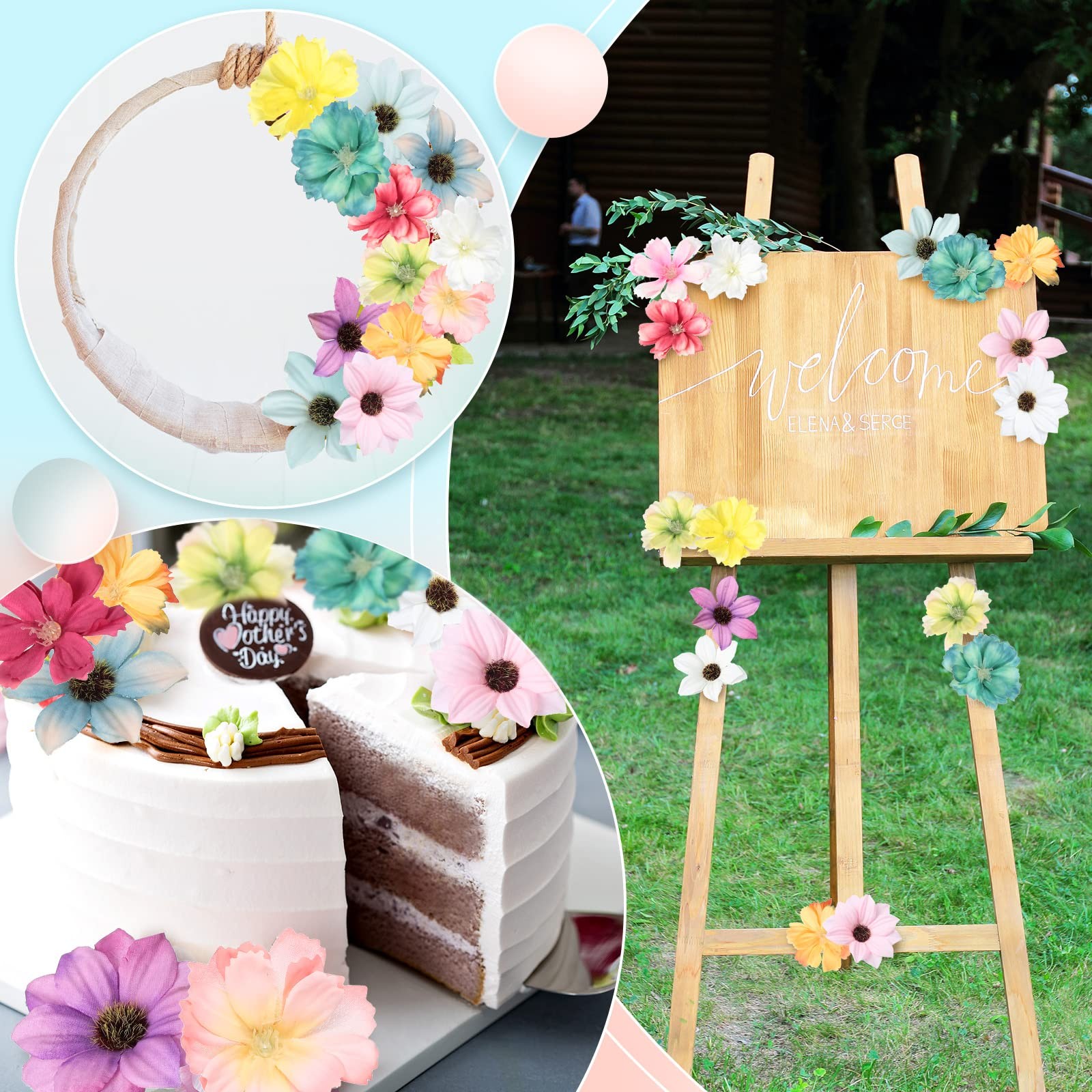 200 PCS Small Artificial Fake Silk Daisy Rose Peony Flower Heads Craft Wreath