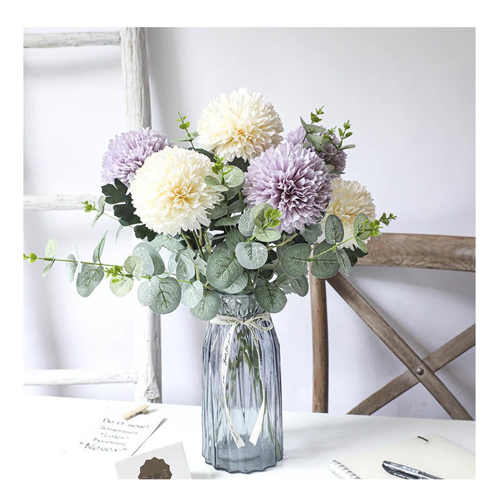Artificial Silk Chrysanthemums with Eucalyptus, 12″ Faux Mums