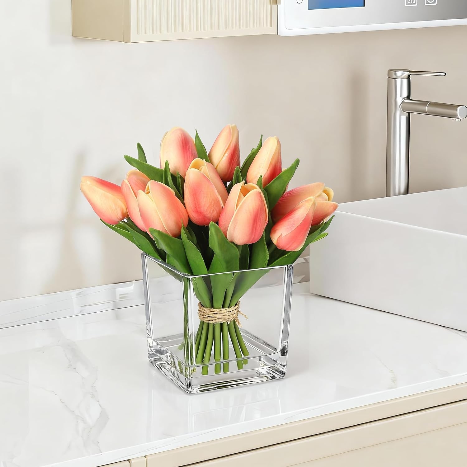 Orange Tulip Artificial Flower w/ Glass Vase Faux Water Silk Faux Tulip Flower