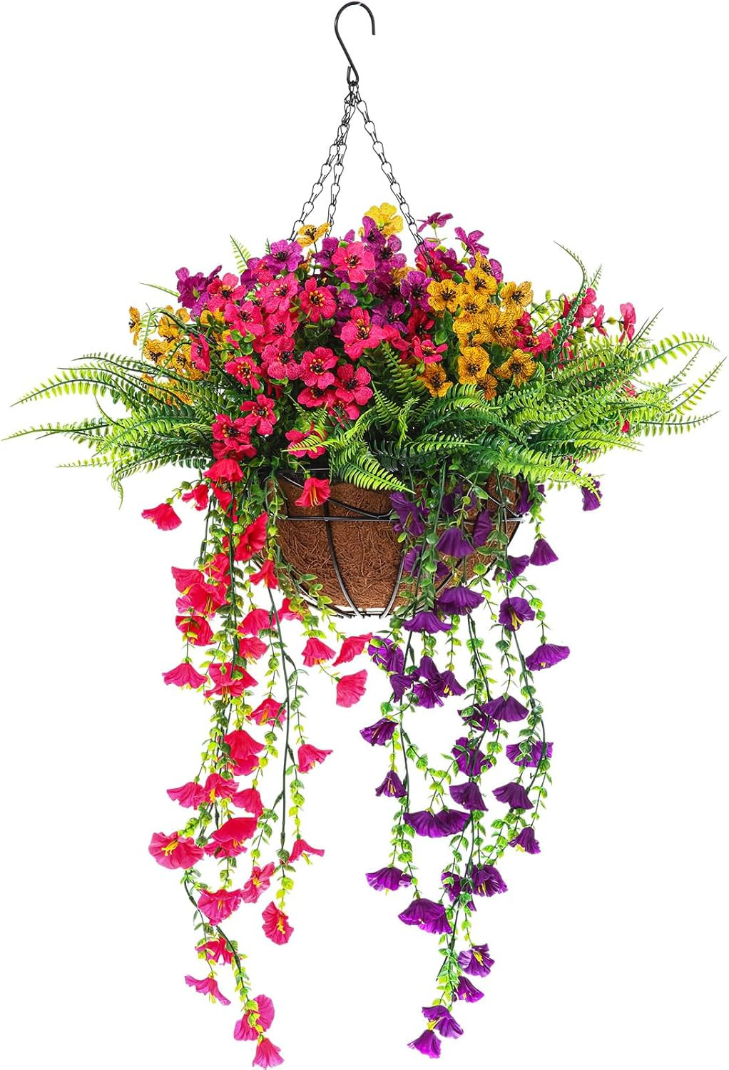 Faux Outdoor Hanging Plants Set with Artificial Fern & Morning Glory Decor