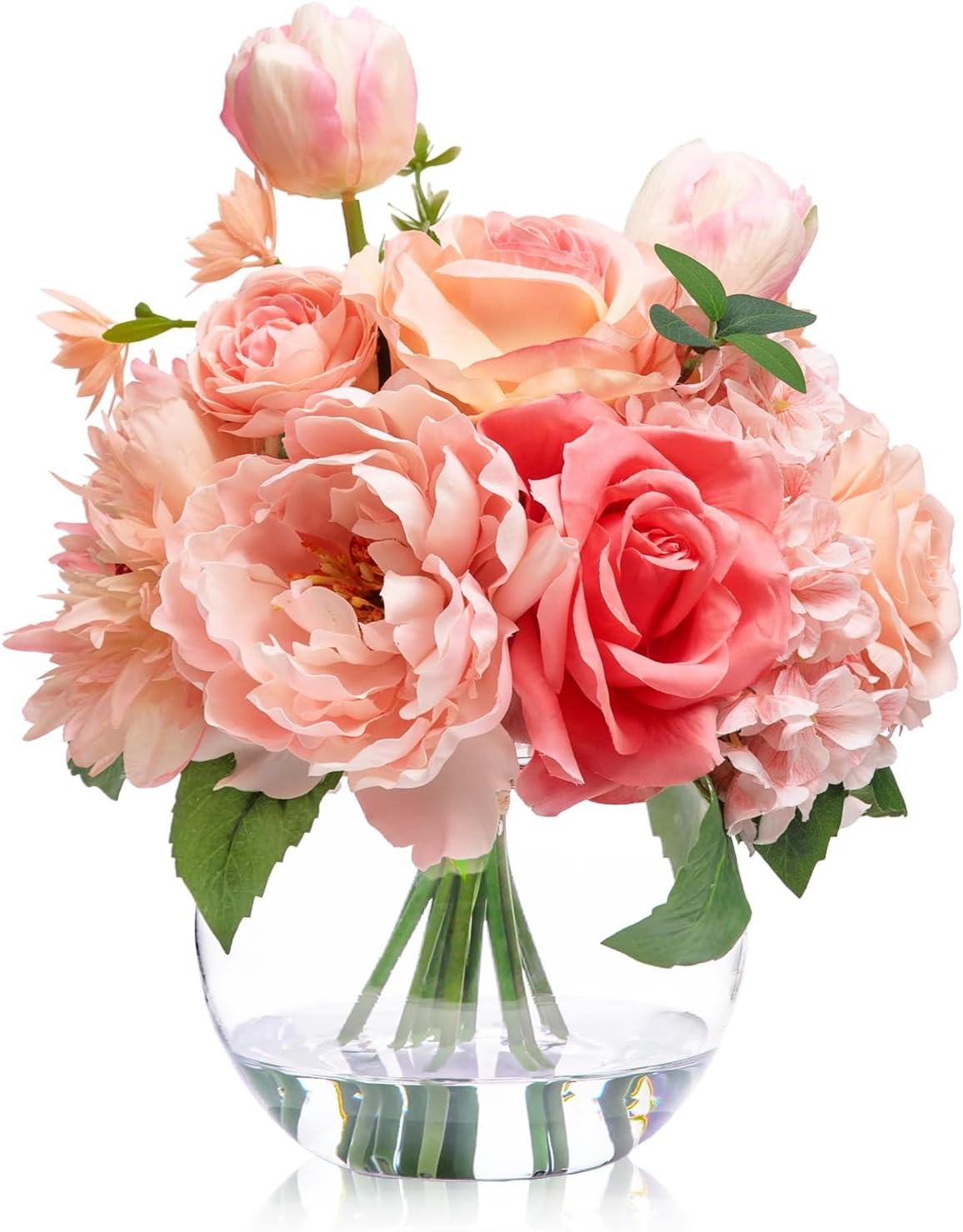 Peach Pink Silk Flower Bouquet in Vase with Fake Water for Home Decor