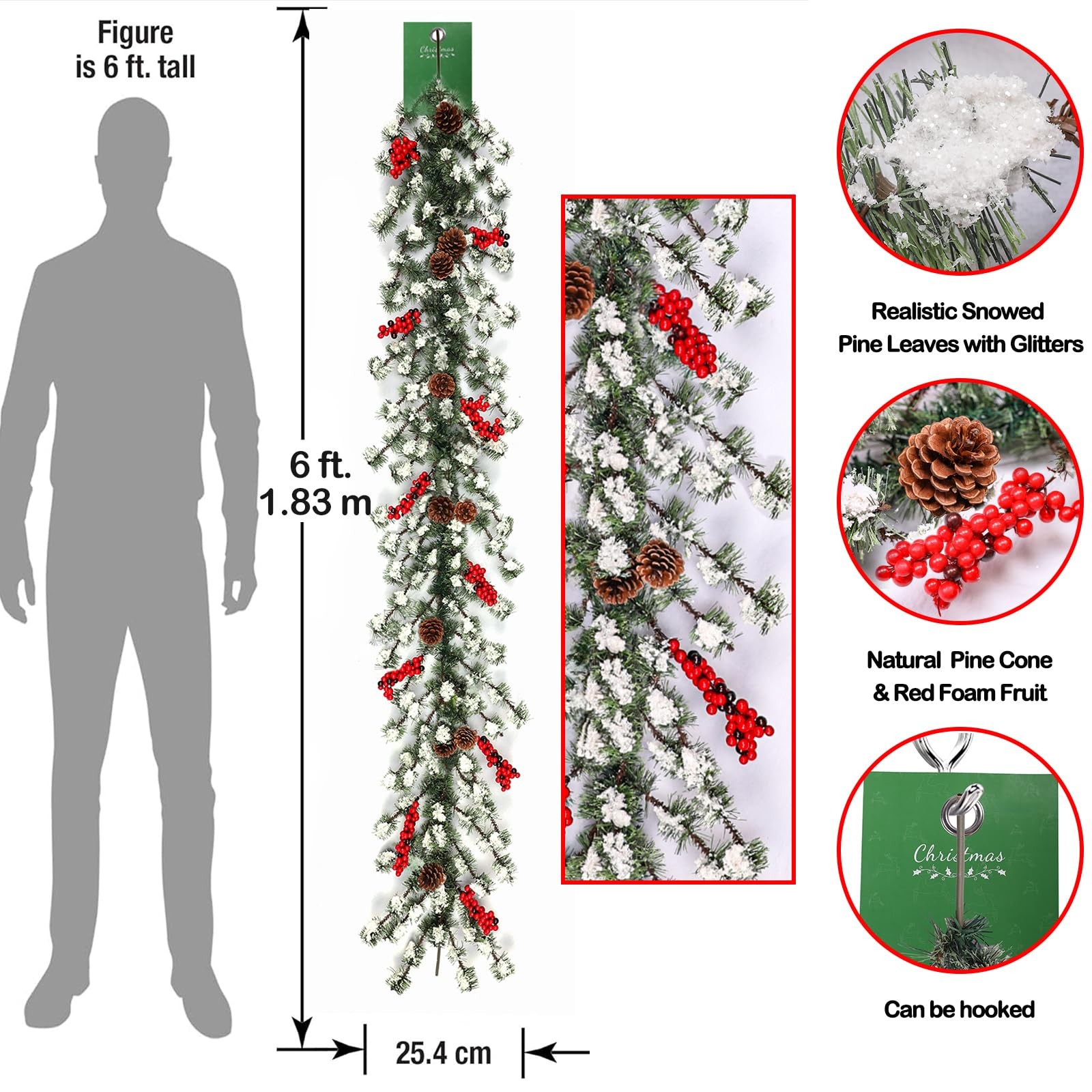 6ft Frosted Evergreen Christmas Snowed Pine Garland – Red Berries and Pinecon…