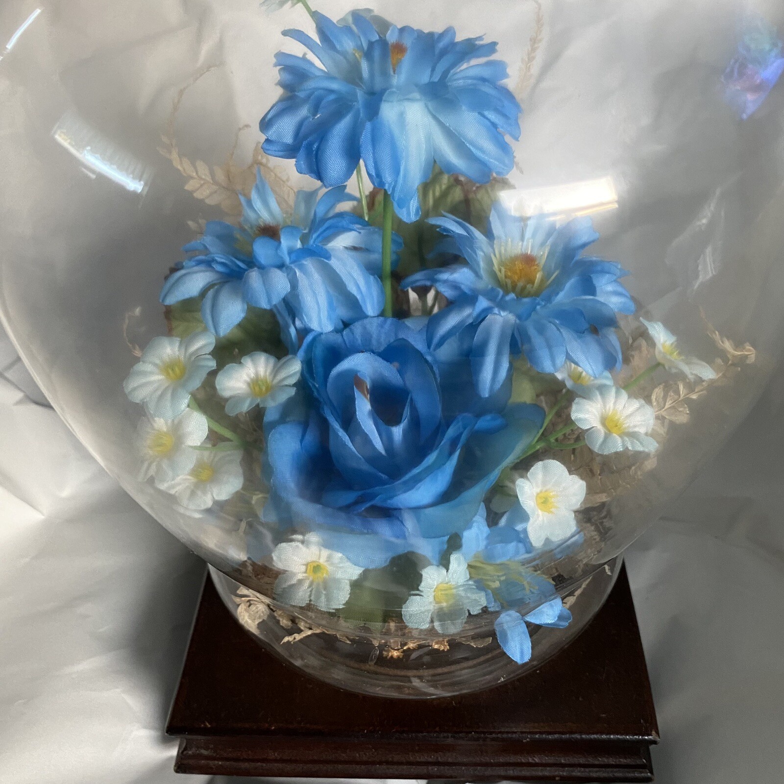 Silk Blue Flowers Glass Terranium Vintage Display Wood Stand Base