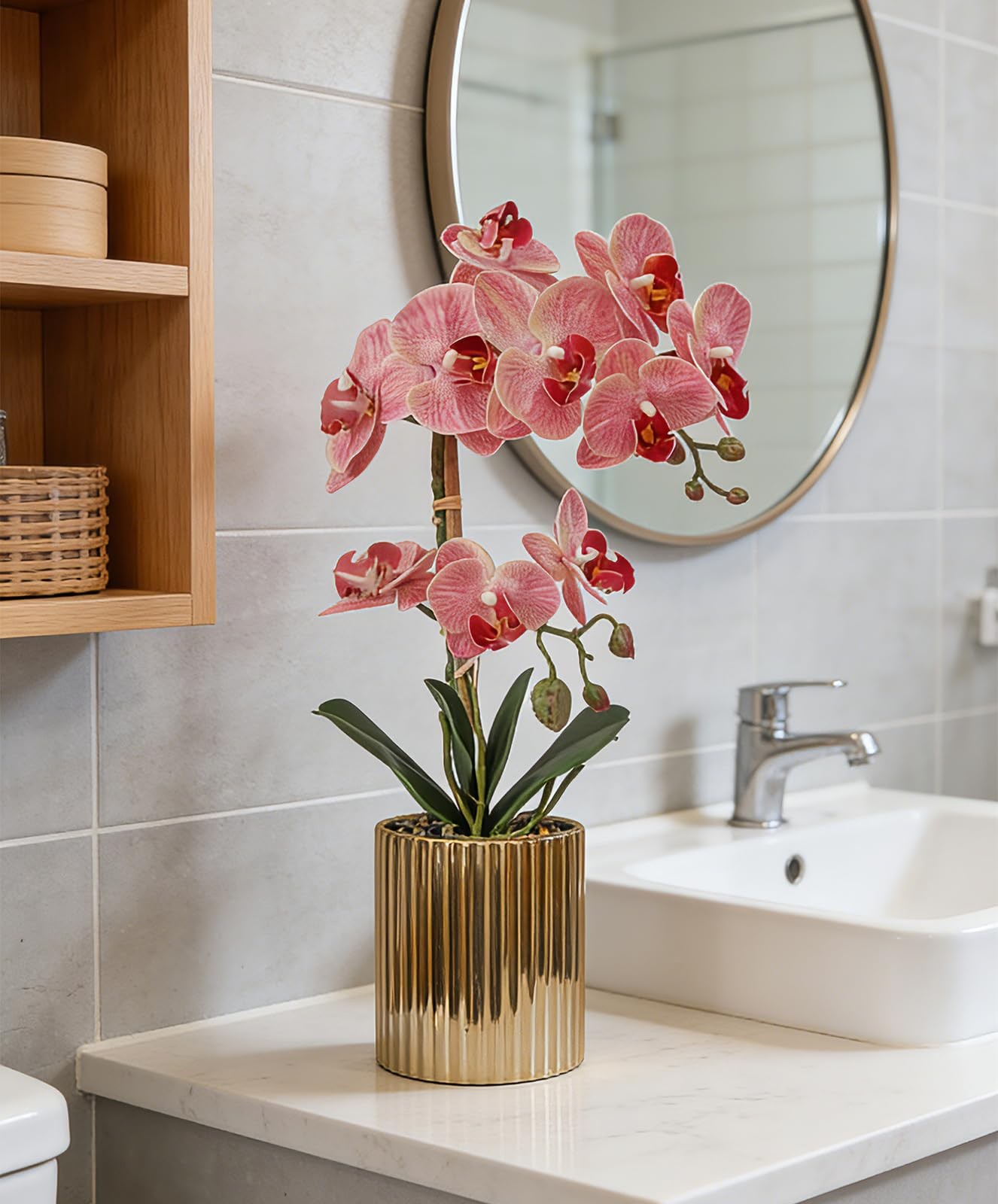 Pink Orchid Artificial Flowers Real Touch Indoor Orchid Plants with Gold Cera…