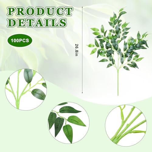 Xinnun 100Pcs Artificial Italian Ruscus Greenery Stems 26.8 Inch Fake