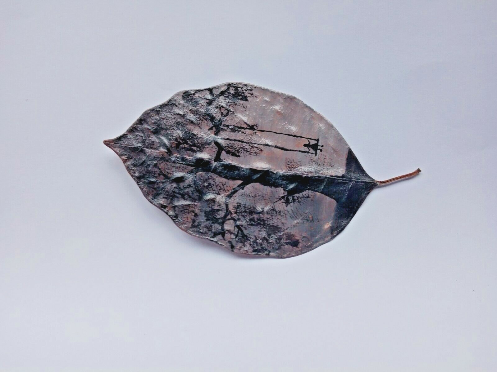 Hand Painted Leaf Art Miniature Dry Acrylic Landscape Drawing Signed By Artist