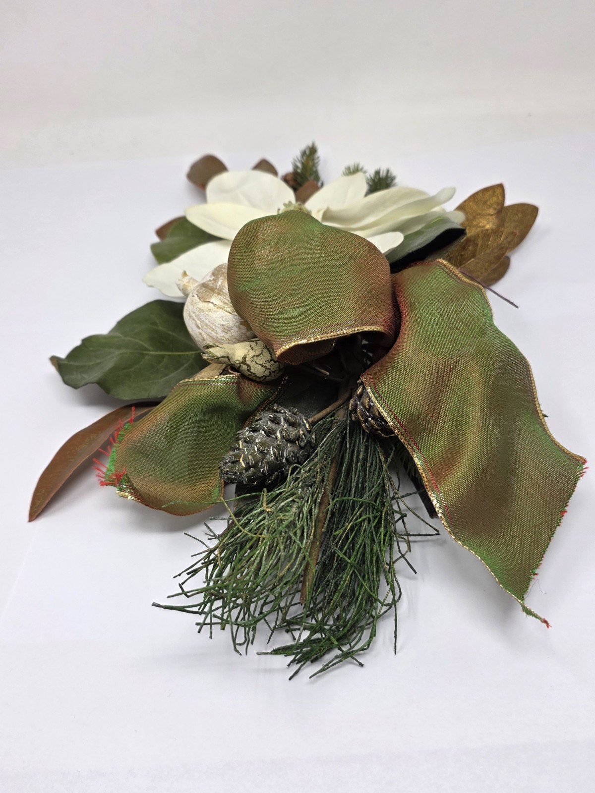 Magnolia Flower Silk Spray With Evergreen, Pinecones Ribbon Vertical Hanging