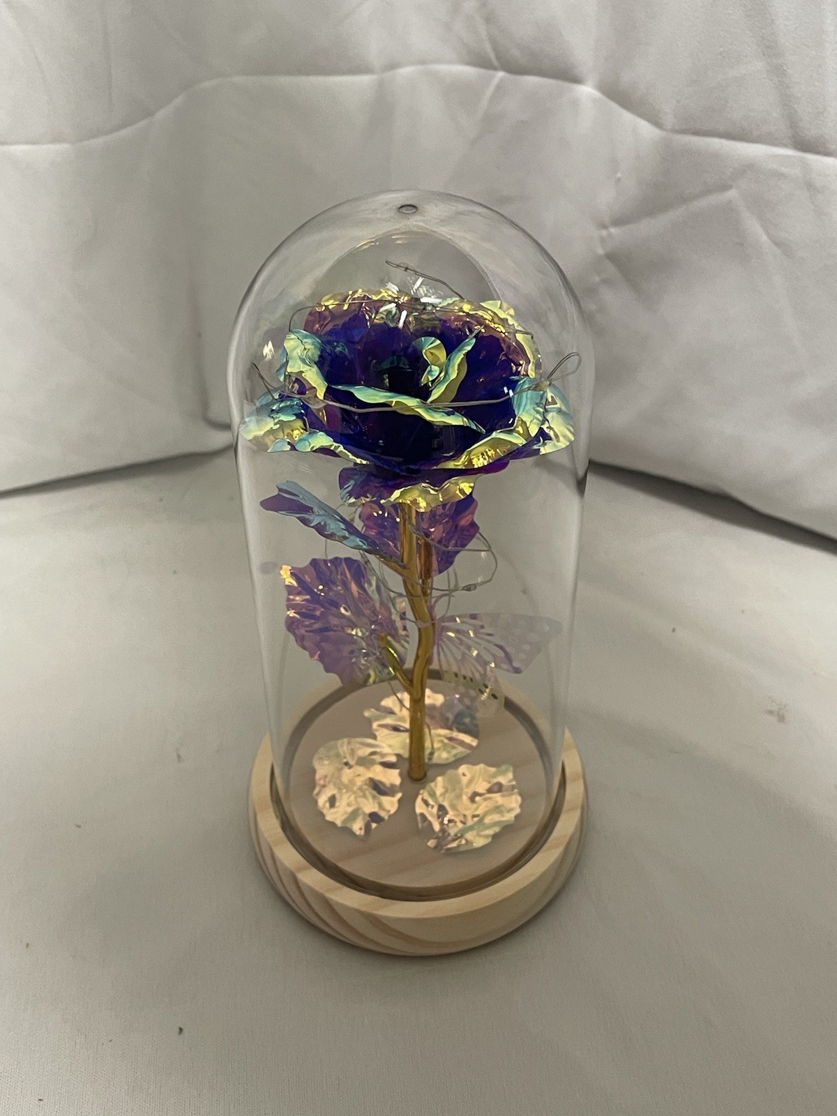Galaxy Rose in Glass Dome LED Light Purple Blue Flower Gift New in Box NIB