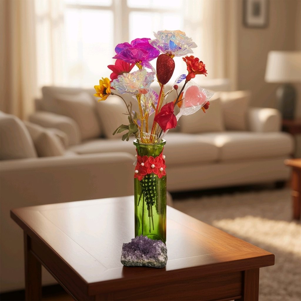 Floral Arrangement With Vase And Lights-New-Hand Crafted