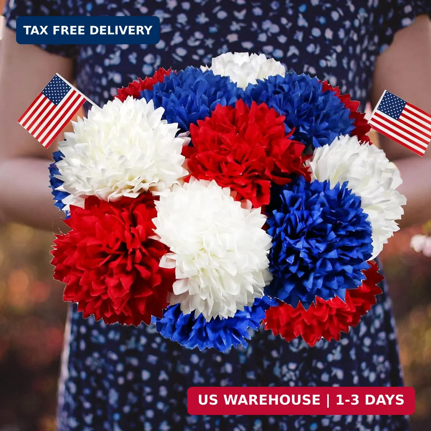 Tinsow 12 pcs Artificial Flower Patriotic Memorial Bouquet Red White and Blue Fa
