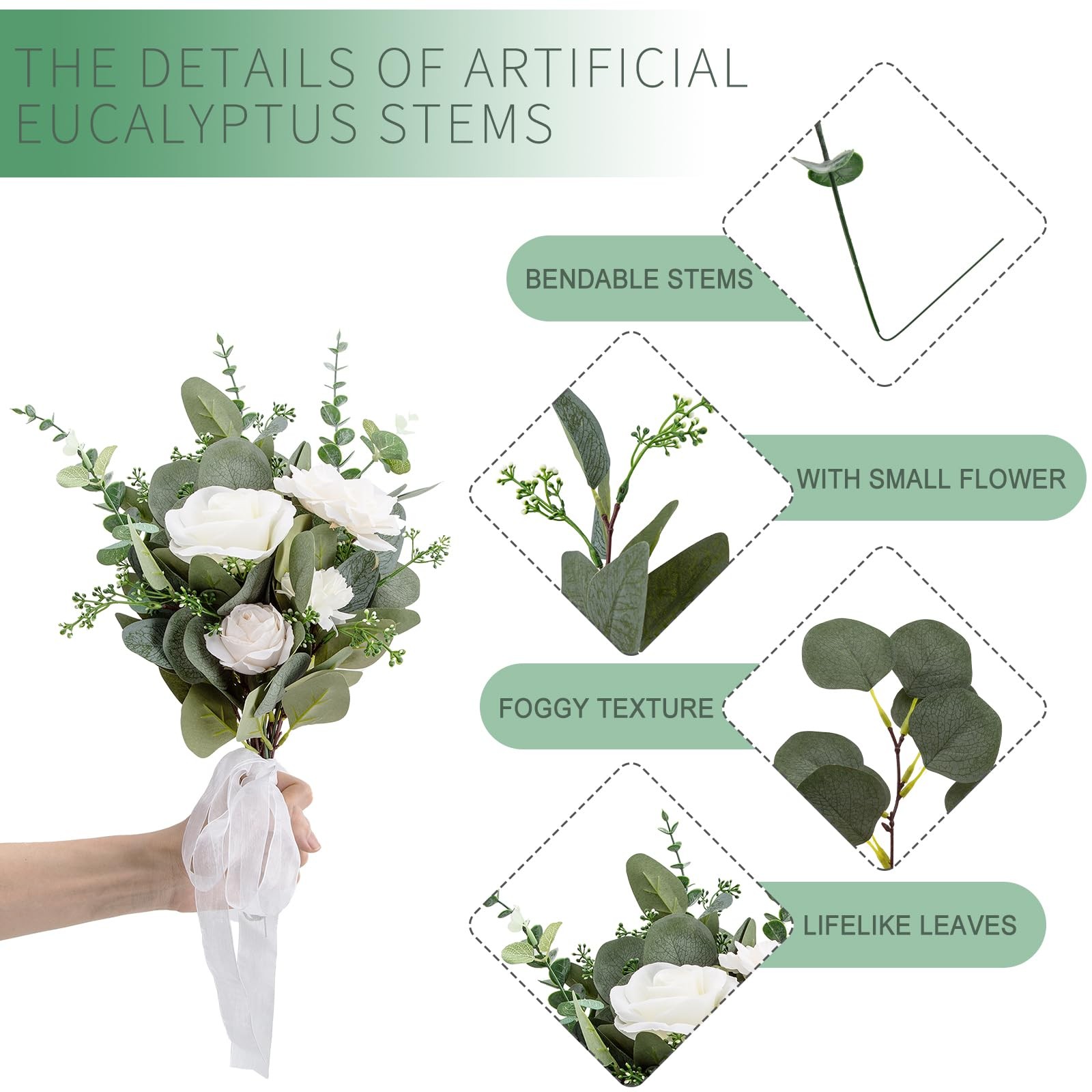 100 Pcs Mixed Artificial Eucalyptus Leaves Stems Bulk