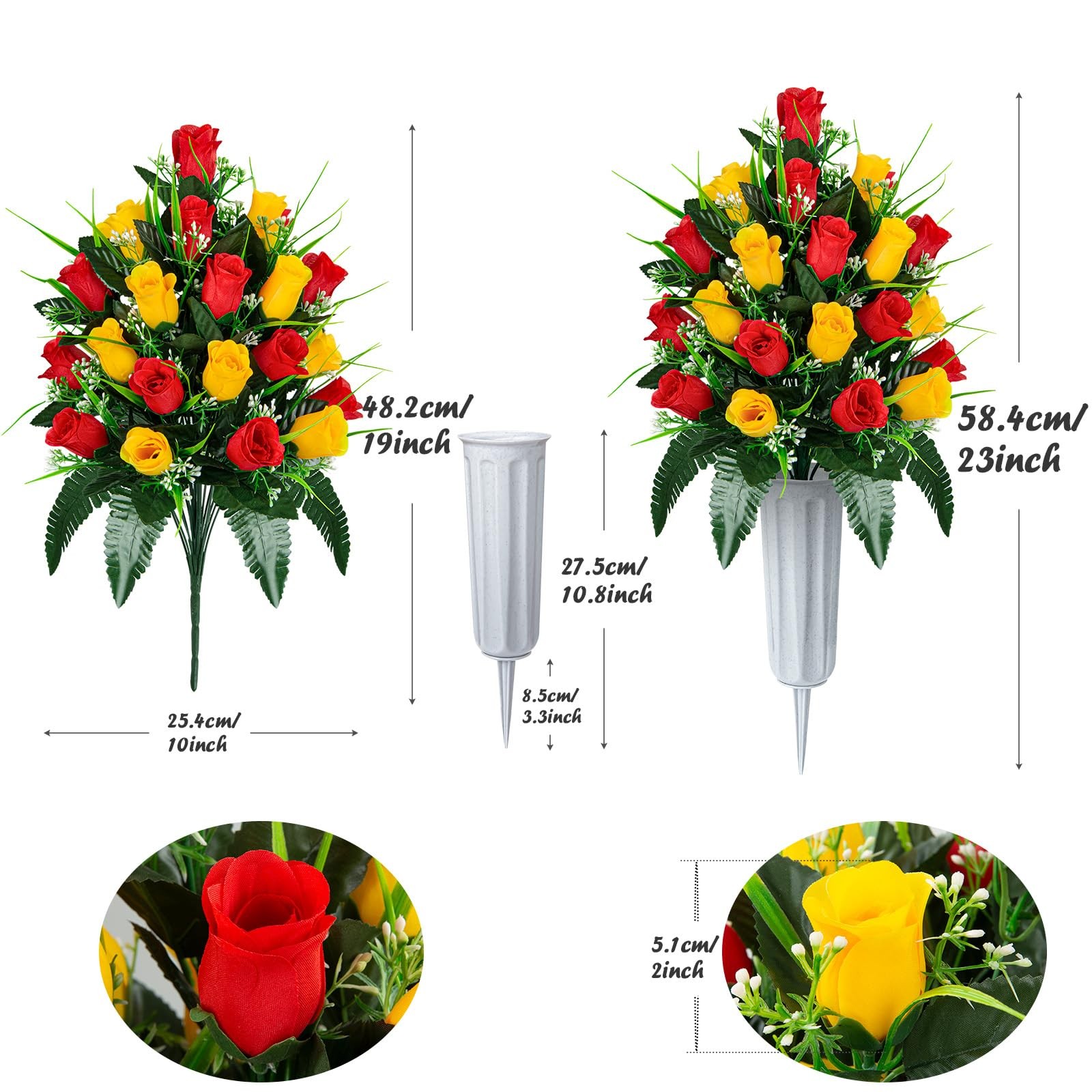 2 PCS Artificial Cemetery Flowers Red Yellow Rose Bouquets With Vases Decor