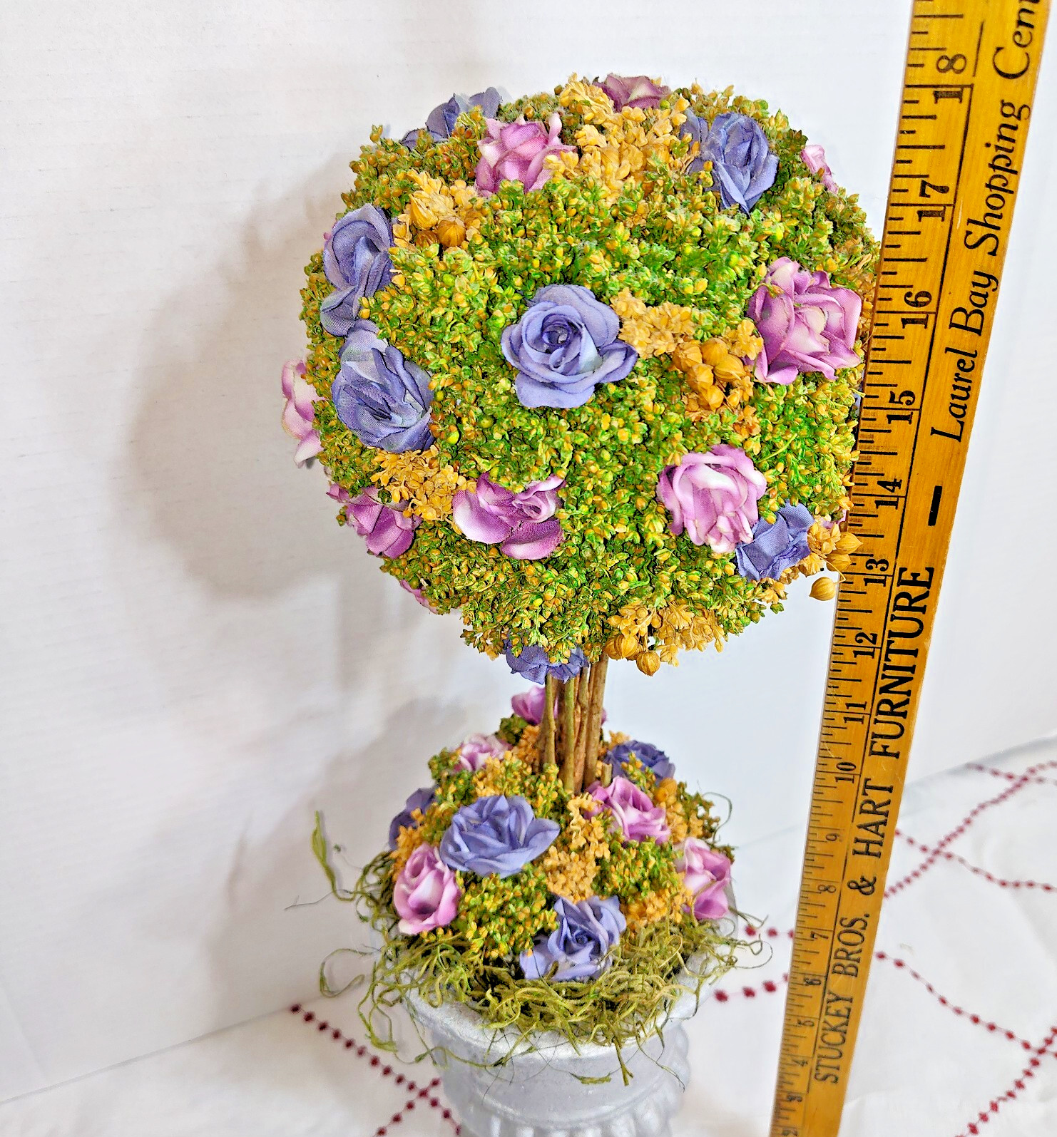 Decorative Floral Topiary in Silver Urn Pot – Purple, Yellow & Green, 18″ Tall