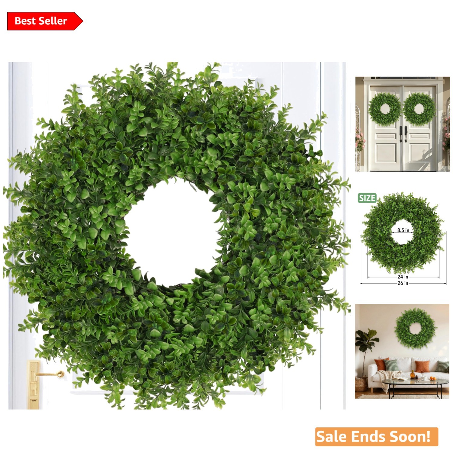 26 Inch Artificial Green Boxwoods Wreath for Indoor Outdoor Front Door Home D…