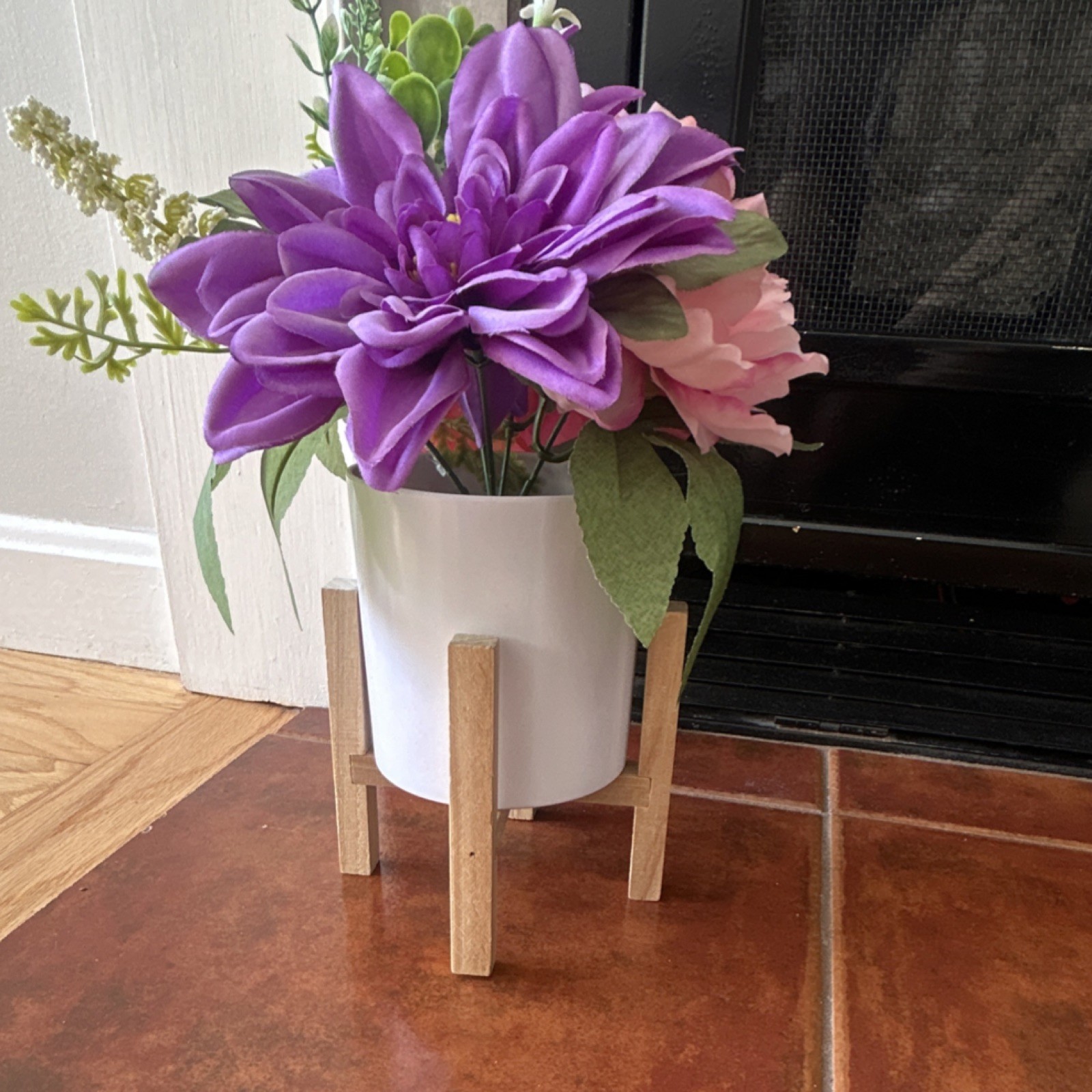 Artificial Dahlia & Peony Flower Arrangement in White Pot with Wooden Stand