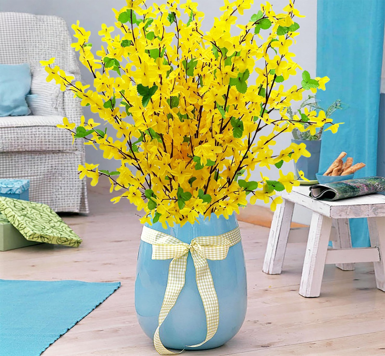 10PCS Artificial Forsythia Flowers Fake Forsythia Stem 25.5″ Silk Yellow Wint…