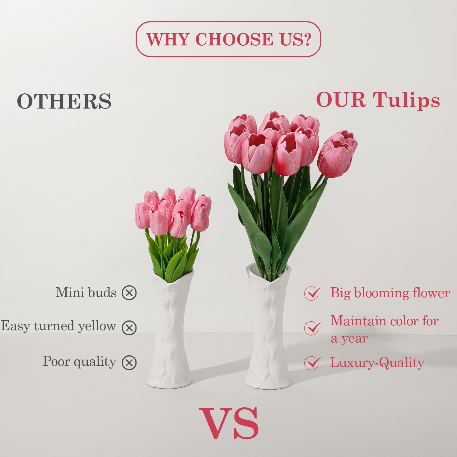 Pink Fake Tulips 18.5″ PU Artificial Flowers 10 PCS for Spring Easter Decor