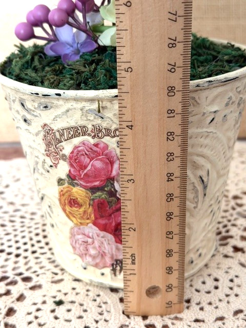 VINTAGE TIN POT TRIPLE MOSS-BALL TOPIARY TREE COTTAGECORE SHABBY CHIC DECOR