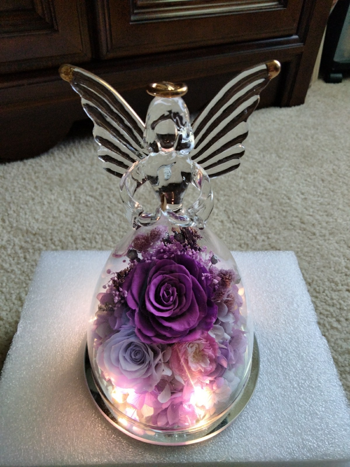 NEW Large Angel Figurine Preserved Real Roses Flowers with Light