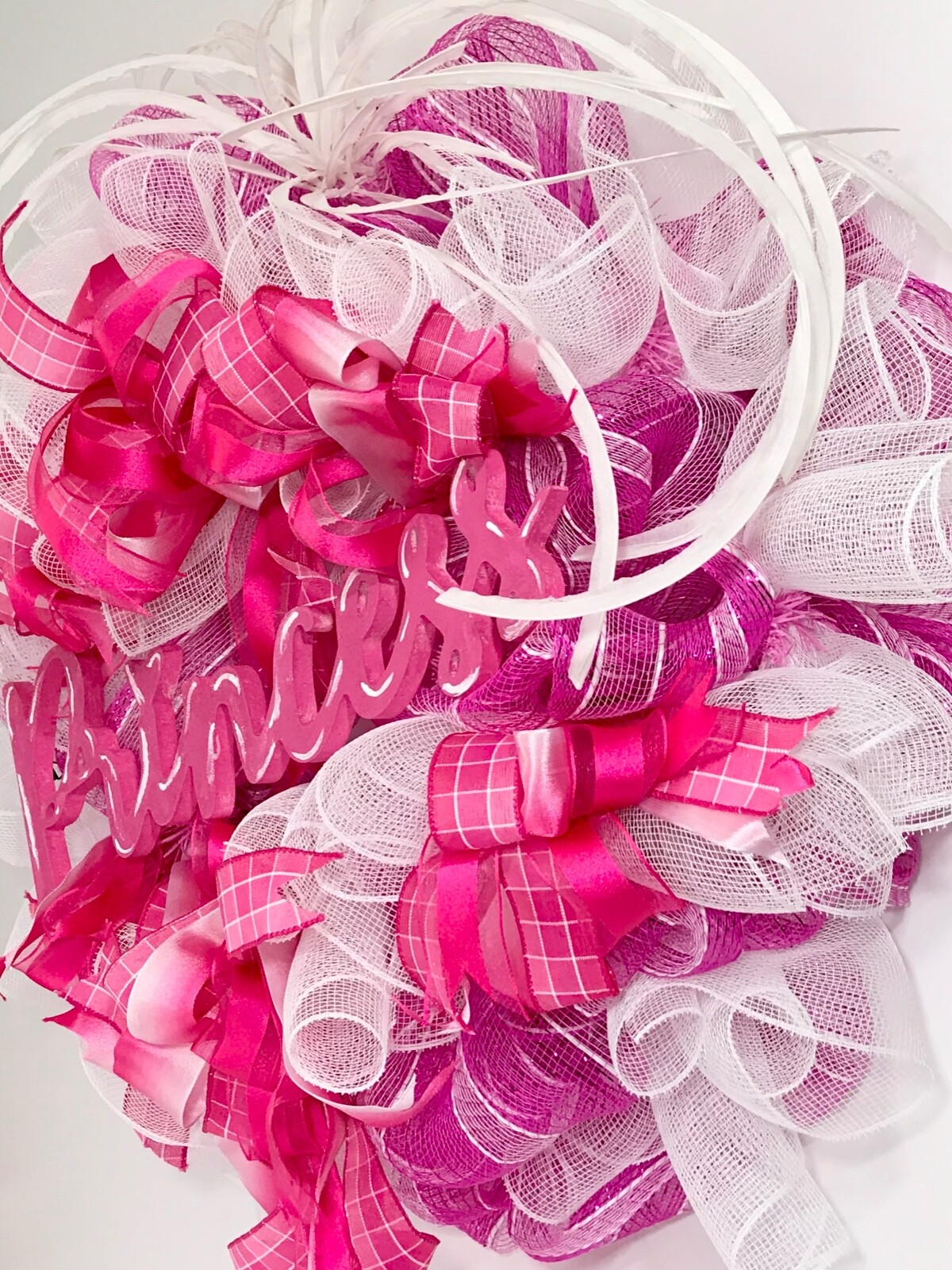 LARGE BRIGHT PINK WHITE DECO MESH PRINCESS WOOD SIGN DOOR WREATH GIRL ROOM NEW