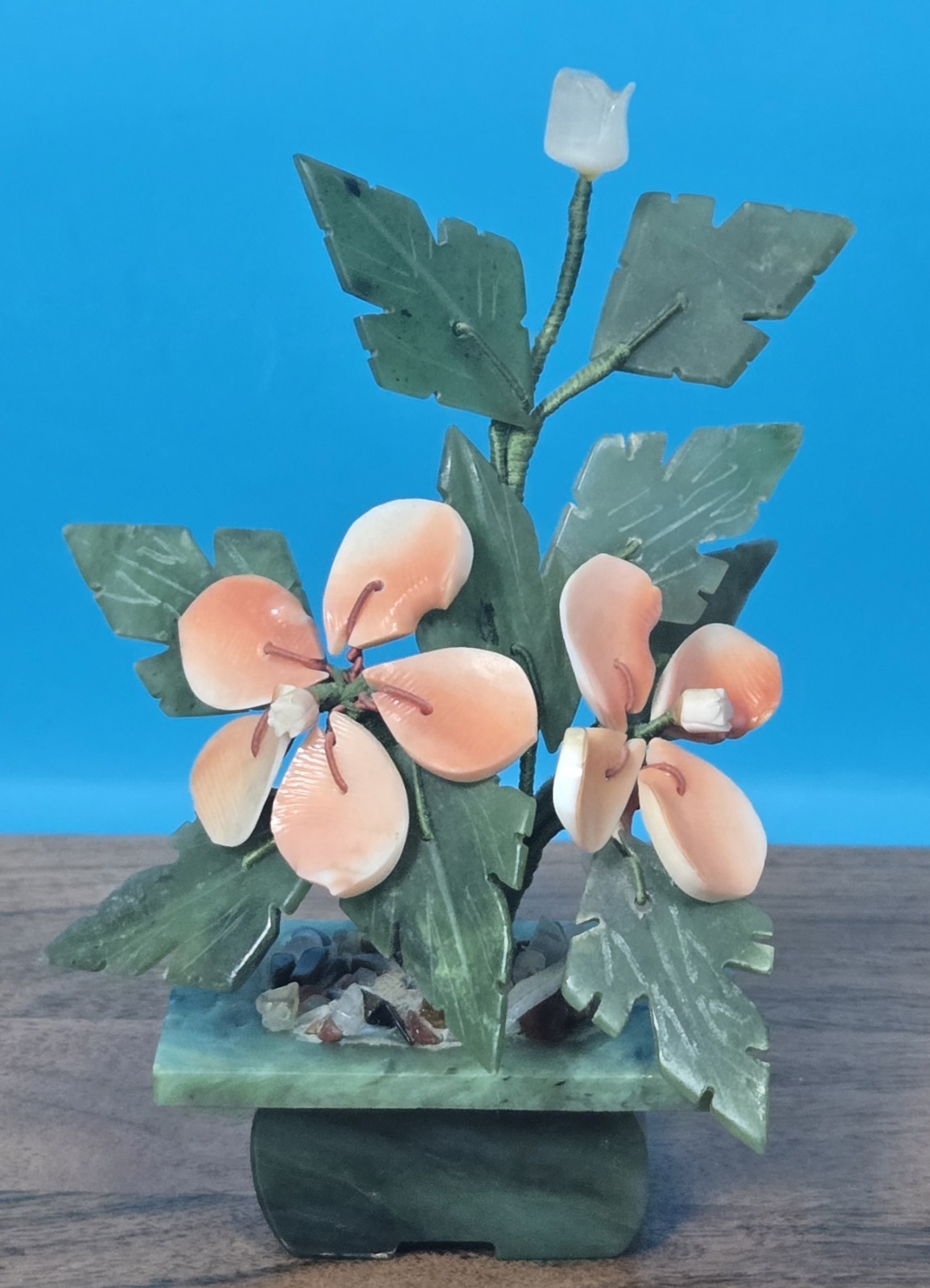 Vintage Jade & Shell Flower Arrangement – Handcrafted Bonsai-Style Floral Sculpt