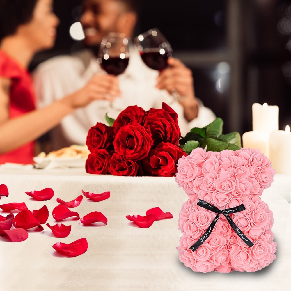 2023 Light Pink Rose Flower Teddy Bear with Gift Box -25cm Valentines & Birthday