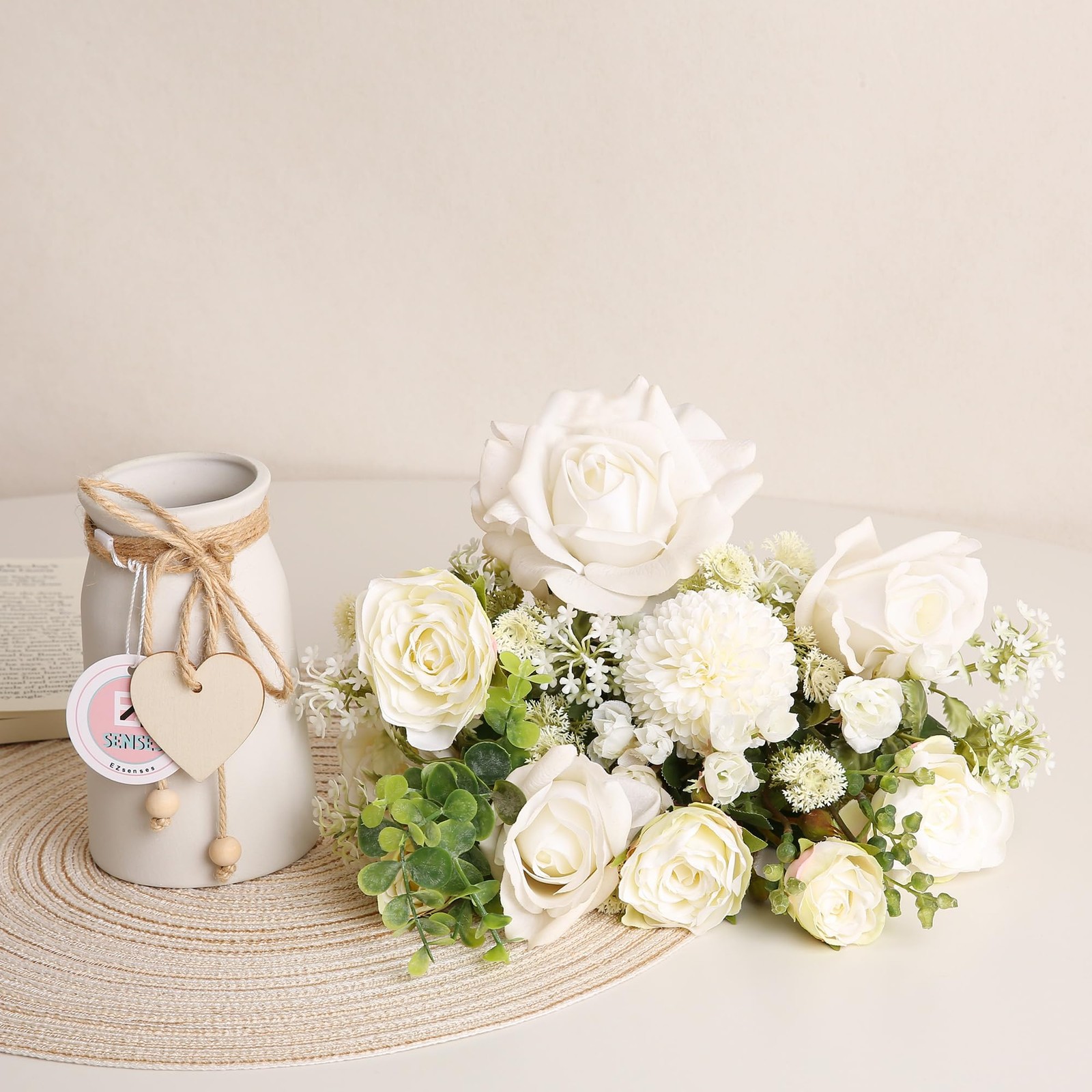 Fake Flowers with Vase, Silk Roses Daisy Artificial Flowers, Faux Eucalyptus …