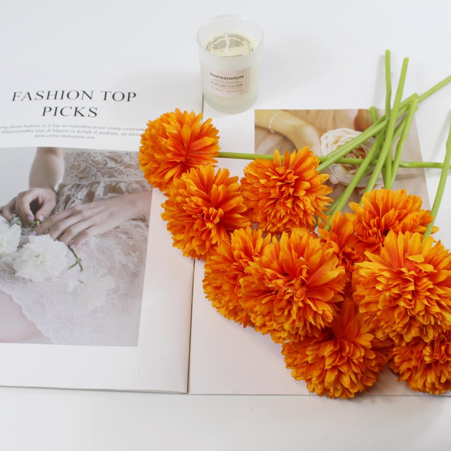 Artificial Silk Faux Chrysanthemum Flower Bouquets Orange Fall 12 PCS