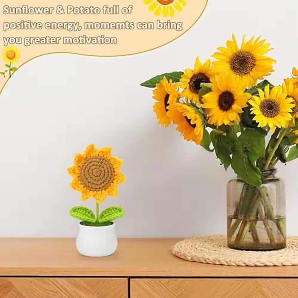 Artificial Sunflower 5 In. Yellow Crochet Flower for Desk Car Dashboard Decor Cu