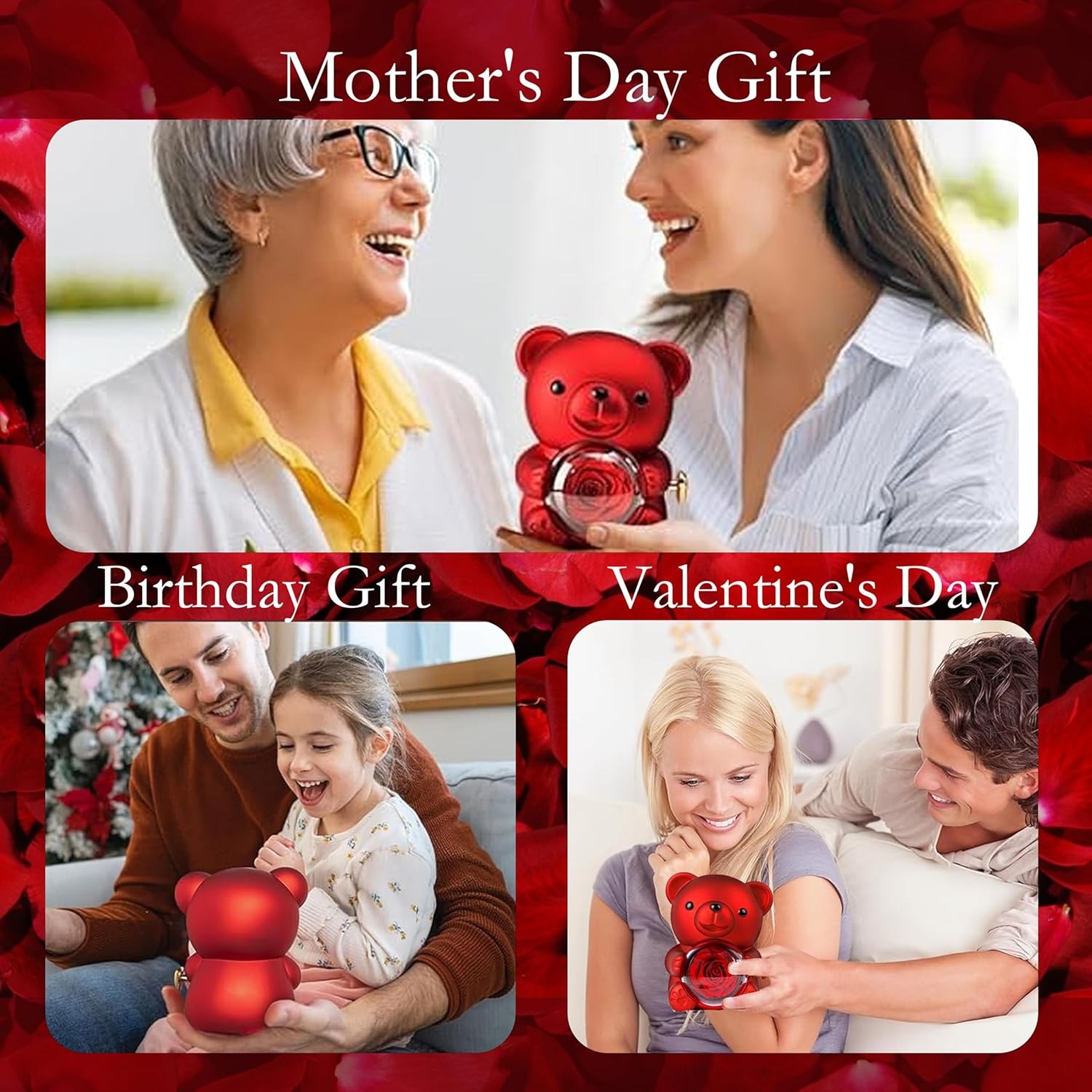 Cute Teddy Bear with Preserved Rose Gifts for Mom,Romantic Rose Flower Bear Tedd