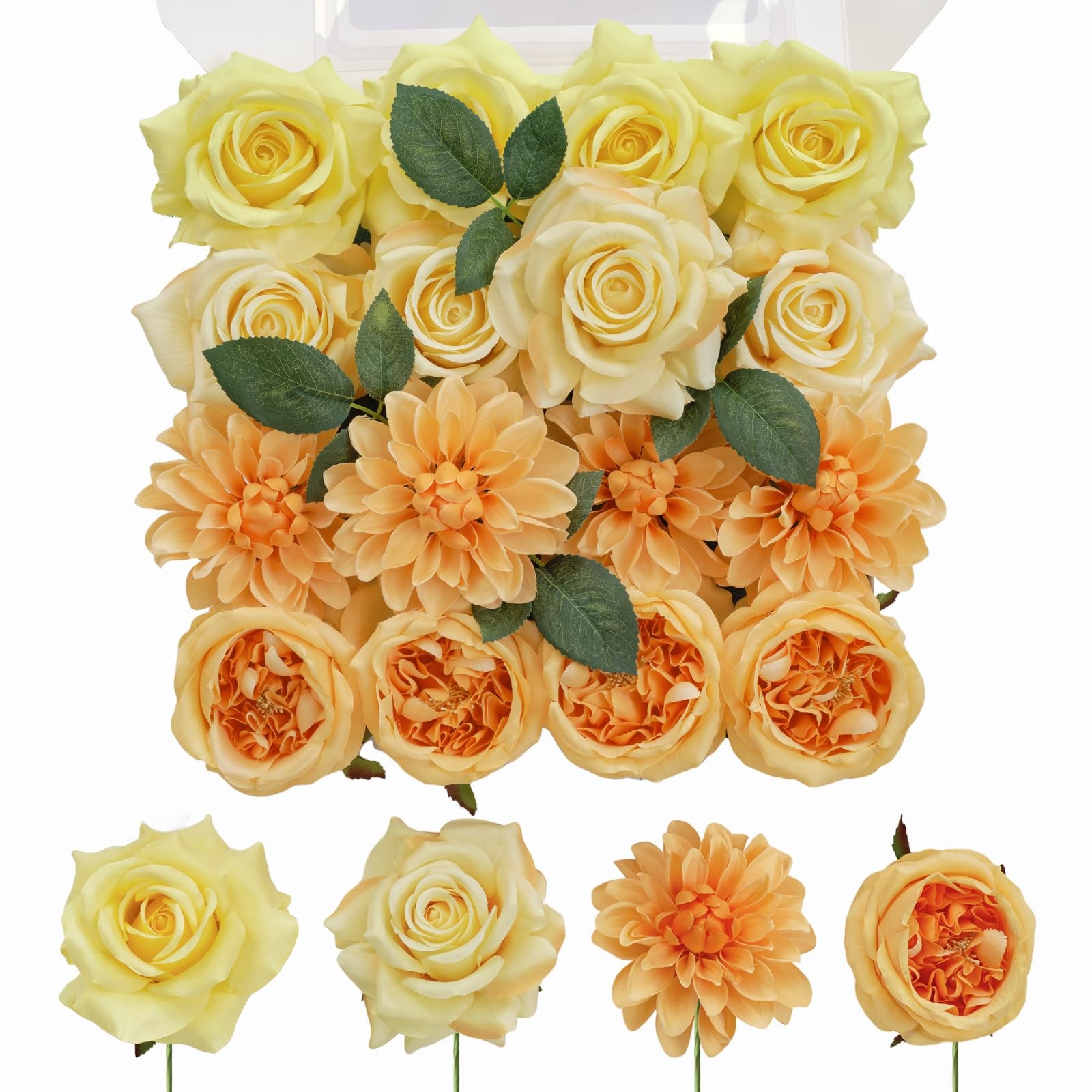 Yellow Artificial Flowers Combo Box Set, 16PCS Fake Rose Silk Flower w/Stem f…