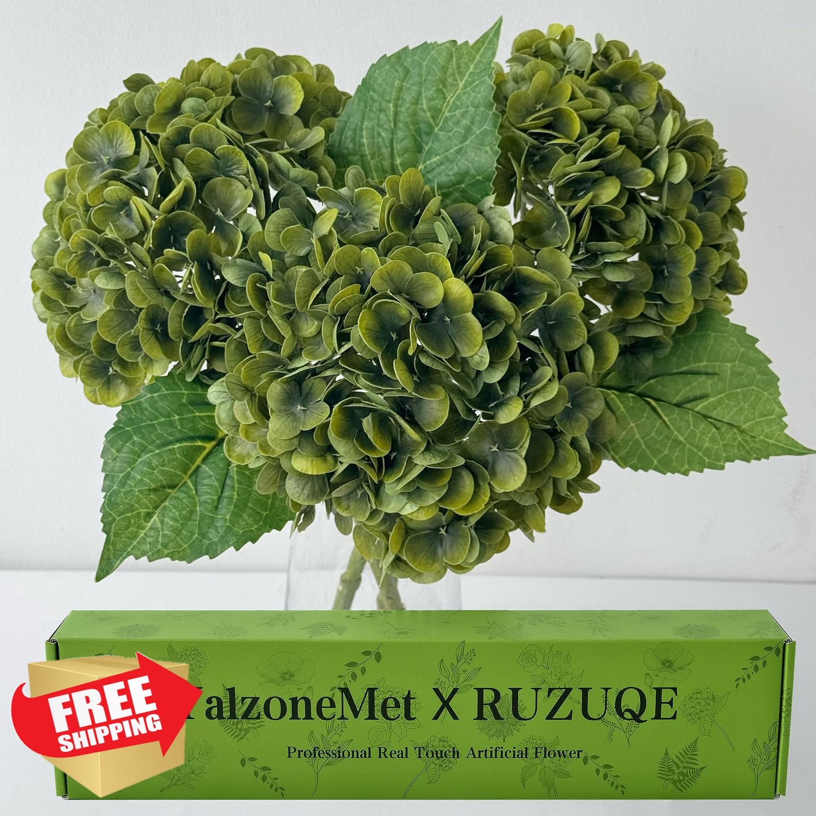 YalzoneMet 3pc Dark Green Hydrangea Flowers, 21in Real Touch Latex Faux