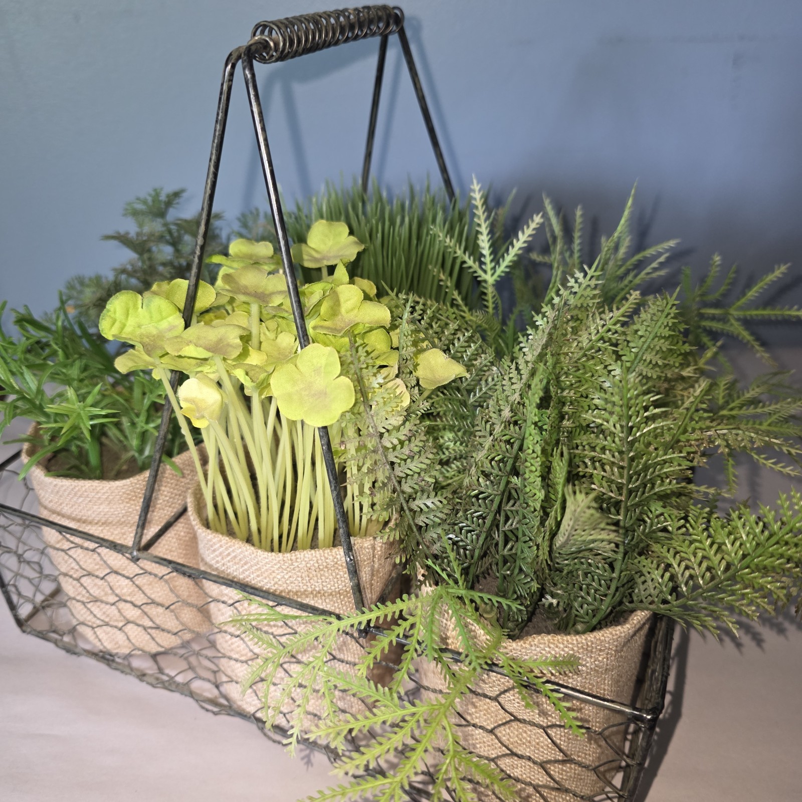 6 Artificial Plants In Burlap Containers In Metal Chicken Wire Carrier w Handle