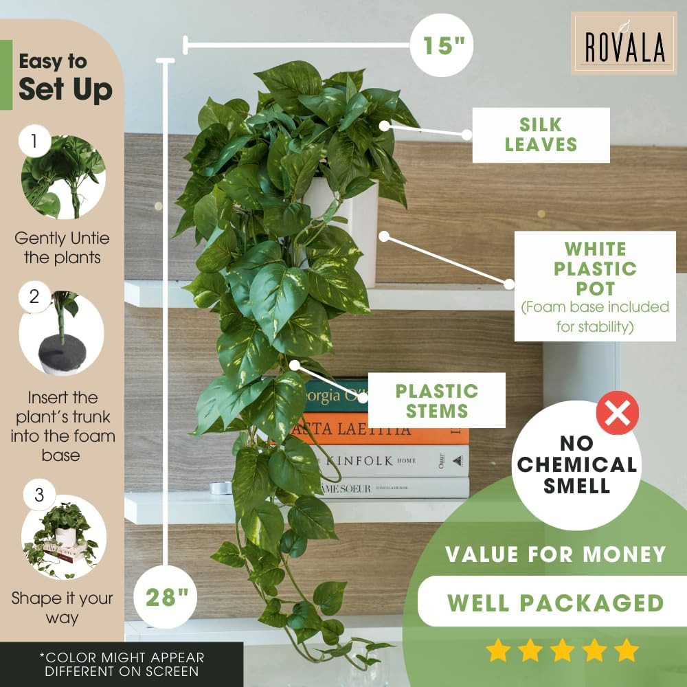 ROVALA Silk Plants for Home Decor Indoor in Pot Realistic Artificial Plants Hang