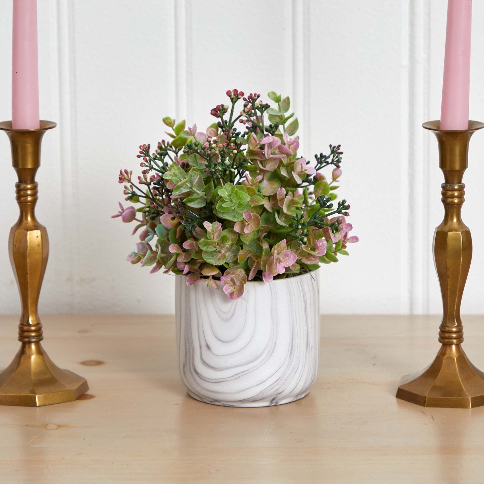 Nearly Natural Eucalyptus Artificial Plant in Marble Finished Vase in Purple