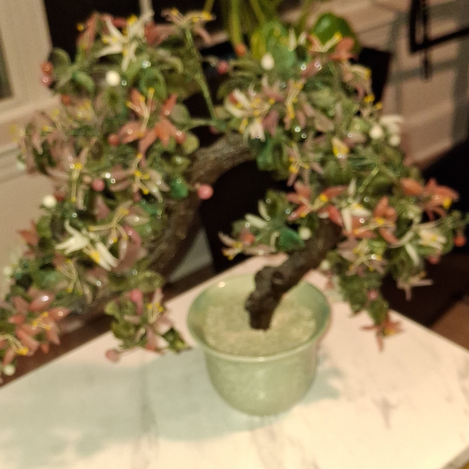 Vintage XLarge Chinese Jade Quartz Bonsai Tree Celadon 19×36” CHERRY Blossoms.