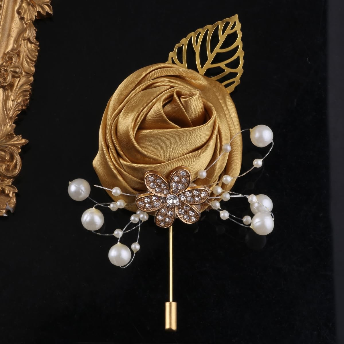 5 PCS Light Gold Leaf Faux Silk Rose Corsage Boutonniere Wedding Prom Decor