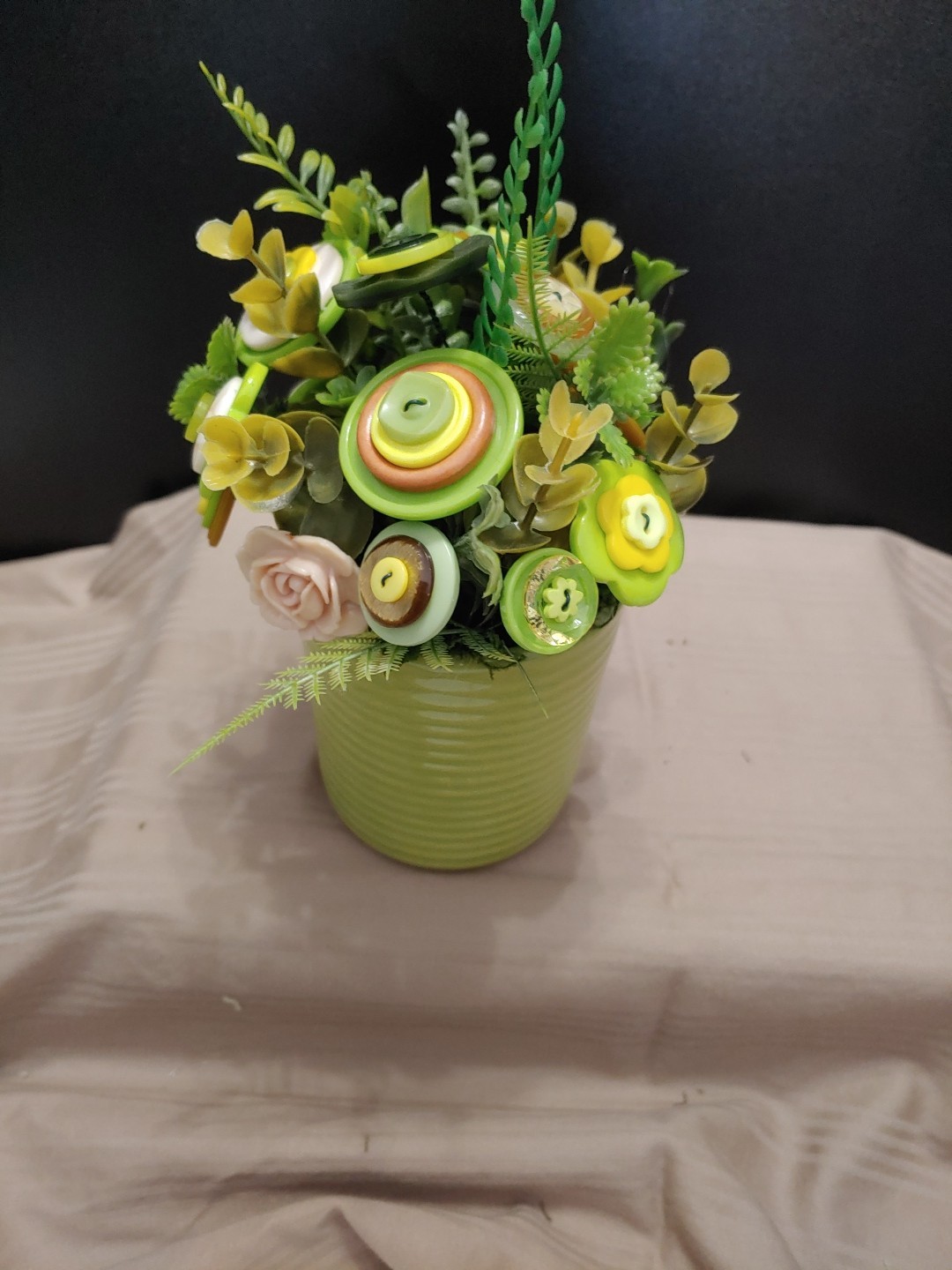 Green Yellow Button Flower Bouquet In Lime Green Coffee Mug Vintage