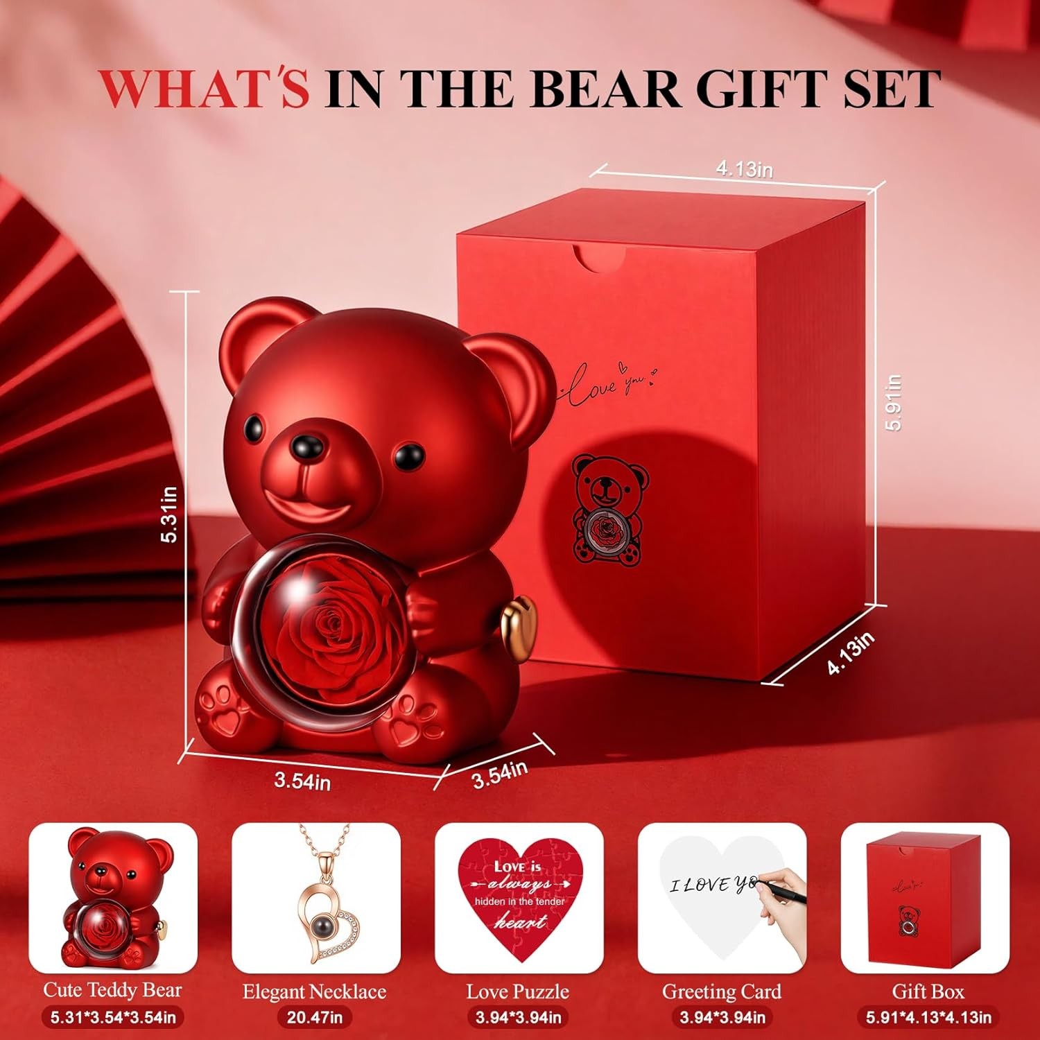Cute Teddy Bear with Preserved Rose, Hidden Surprise Necklace Rotating Gift Box