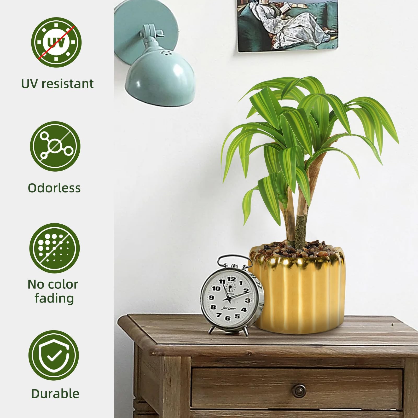 10. 6″ Artificial Dracaena Plant with Textured Leaves Golden Ceramic Pot Real…