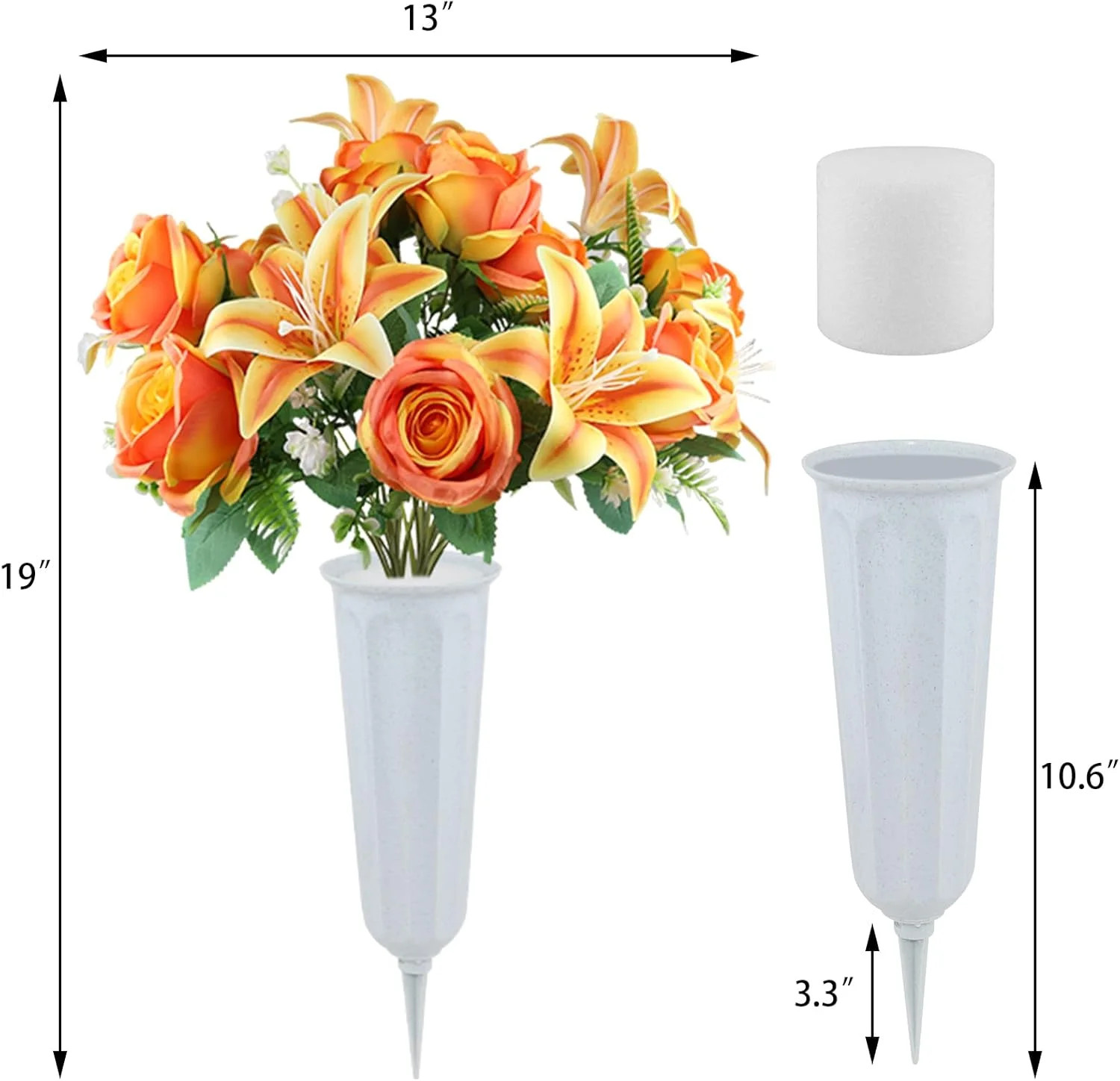 2 Set Artificial Cemetery Flowers with Grave Vase-2 Bunches Lilies & Rose Mixed