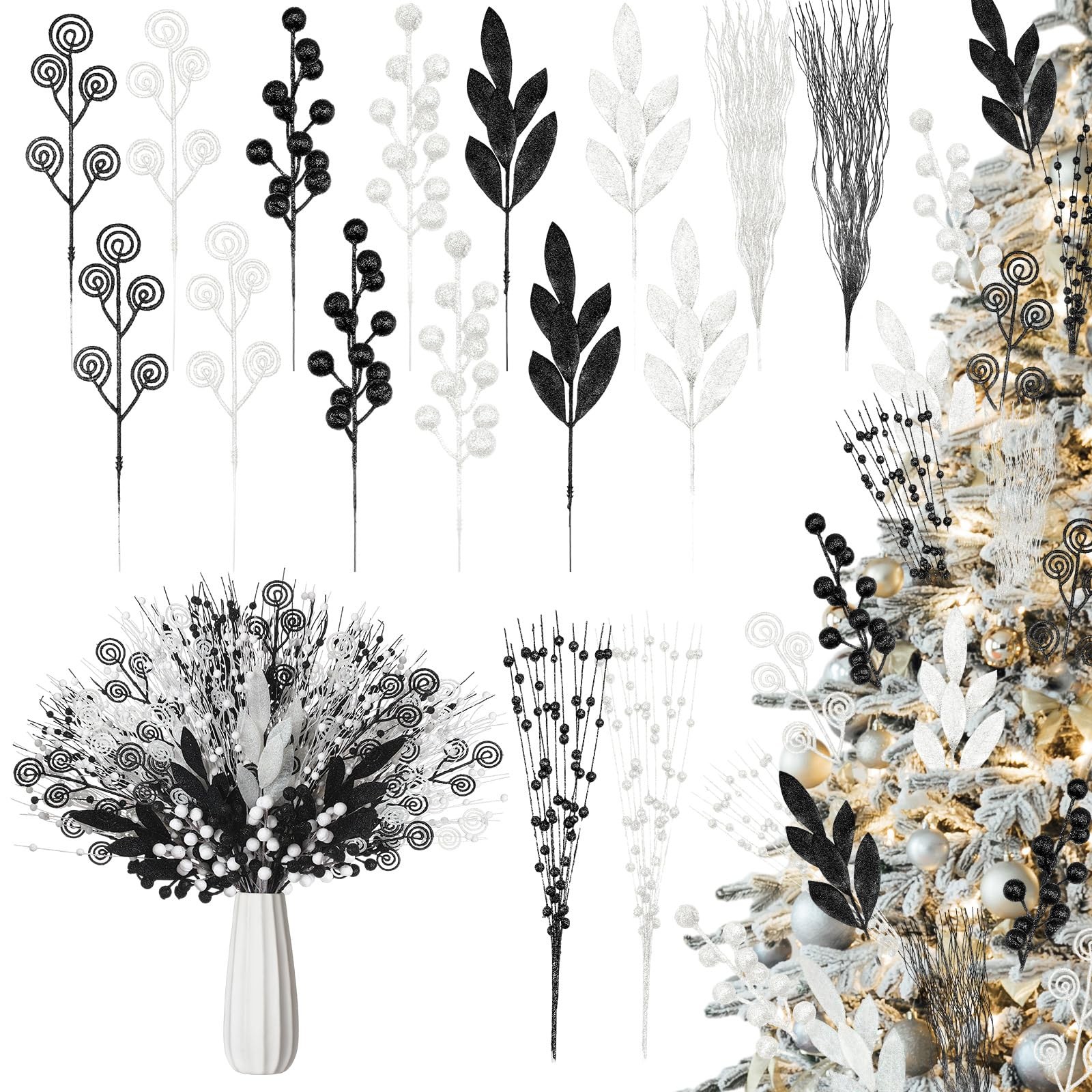 100 Pcs Black and White Christmas Picks and Sprays Christmas Tree Filler Deco…