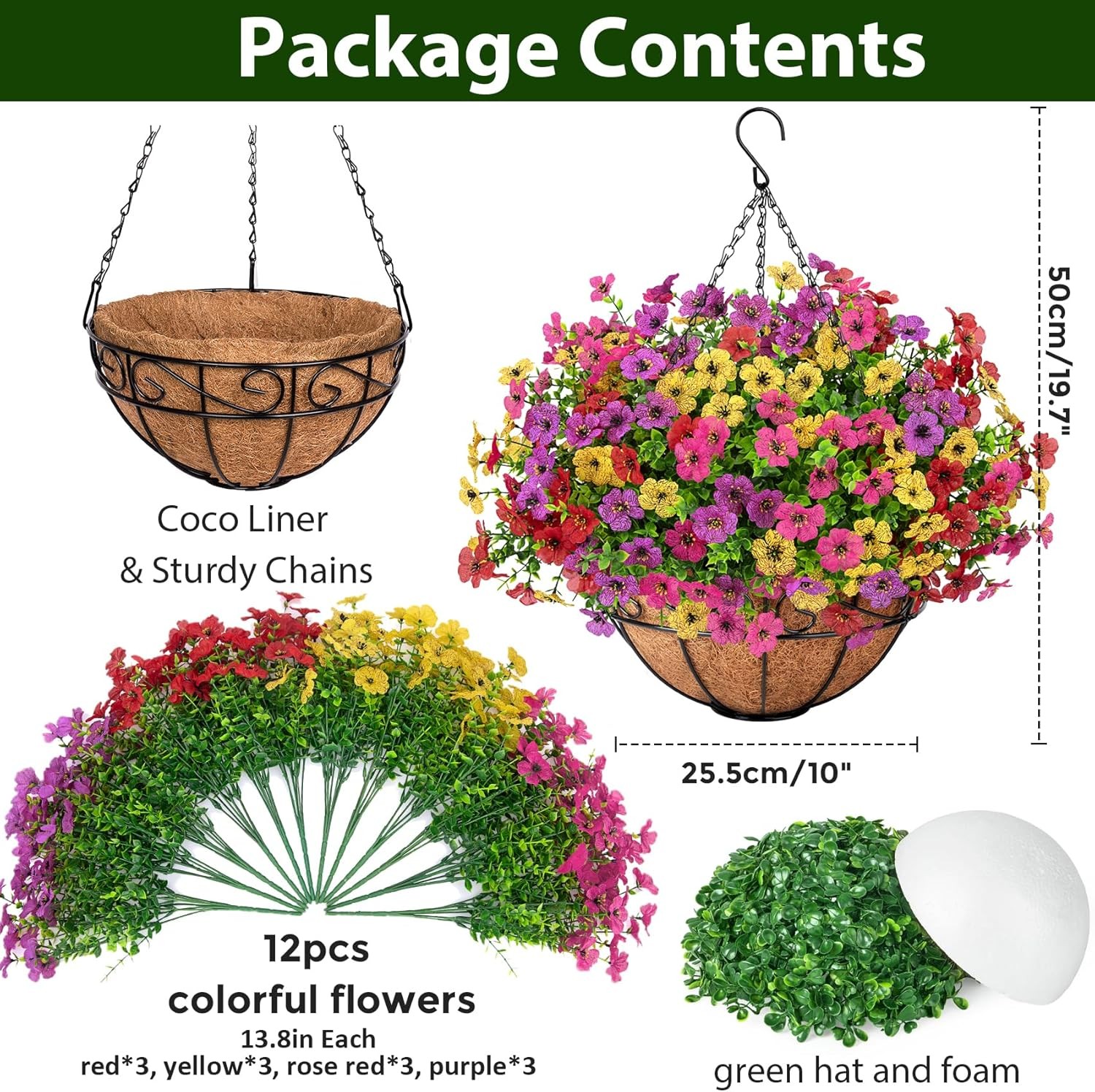 Artificial Hanging Flowers in Basket for Patio Garden Porch Deck Decor Outdoors